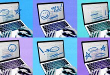 Written feedback is layered on top of six of the same computer essay image, which is collaged on top of six colored rectangles.