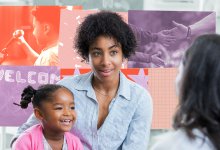collage of a teacher speaking with a mother and young student at the start of the school year