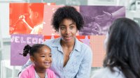 collage of a teacher speaking with a mother and young student at the start of the school year