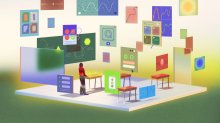 teacher digitally moving desk in a simulated classroom with the help of artificial intelligence