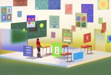 teacher digitally moving desk in a simulated classroom with the help of artificial intelligence