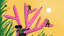 Illustration of students climbing a pencil tree