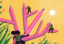 Illustration of students climbing a pencil tree