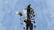 male teacher disappearing, made of images of boys
