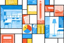Mondrian-inspired grid of different classroom vignettes