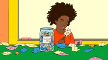 Illustration of student holding a flower with a gratitude jar