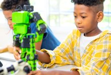 Students working with robots