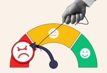 A collage of a teacher's hand pulling on a string attached to a meter that is pointing to a red, angry face.