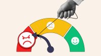 A collage of a teacher's hand pulling on a string attached to a meter that is pointing to a red, angry face.