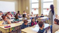 Teacher talking to elementary classroom