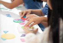 Elementary students using math manipulatives