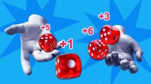 A photo collage of two student hands each throwing two dice. There is a number above each dice, representing dice games in elementary math