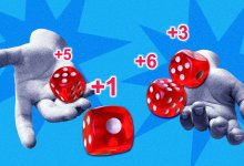 A photo collage of two student hands each throwing two dice. There is a number above each dice, representing dice games in elementary math
