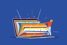 An illustration of a teacher opening up a laptop like a book and flipping through multicolored pages.