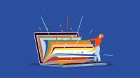 An illustration of a teacher opening up a laptop like a book and flipping through multicolored pages.
