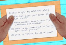 A collage of two hands holding a index card with five survey questions.