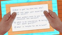 A collage of two hands holding a index card with five survey questions.