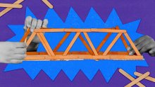 A collage of student hands building a bridge out of popsicle sticks.