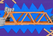 A collage of student hands building a bridge out of popsicle sticks.