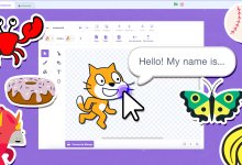A collage comprised of Scratch UI with the Scratch mascot saying "Hello! My name is..."