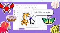 A collage comprised of Scratch UI with the Scratch mascot saying "Hello! My name is..."