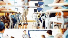 glitchy image of a teacher teaching to a classroom full of students on their laptops