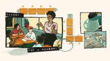 Illustration of a teacher teaching a group of students, with examples of desk layouts and seating types.