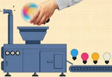 A collage of a teacher's hand placing a big lightbulb into a machine that outputs smaller versions of the lightbulb.