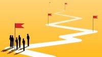 An illustration of a group of teachers on a winding path with checkpoints marked with flags.