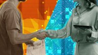 technology professional and teacher shake hands over tech success