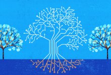 An illustration of a tree made up of a digital circuit thriving while the real trees are small and weak in the background.