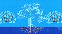 An illustration of a tree made up of a digital circuit thriving while the real trees are small and weak in the background.