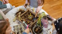 A photo of young elementary students interacting with dirt and compost materials laid out on a table.