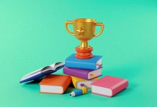 Illustration of gold award on top of pile of books
