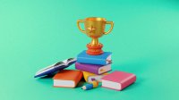 Illustration of gold award on top of pile of books