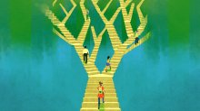 Illustration of students walking up stairs shaped like a tree