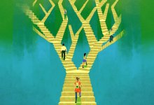 Illustration of students walking up stairs shaped like a tree
