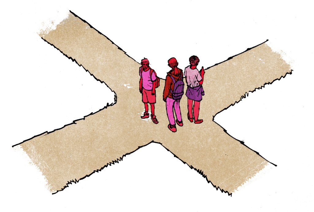 students standing at a crossroads looking contemplative