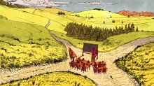 illustration of teacher instructing students at a crossroad