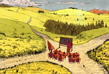 illustration of teacher instructing students at a crossroad