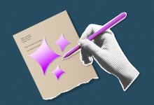 Illustration of hand writing a letter using AI