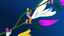 An illustration of students in an ascending line holding up a growing flower.