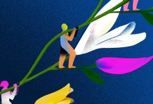 An illustration of students in an ascending line holding up a growing flower.