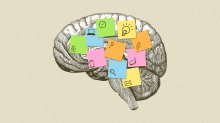 Illustration of a brain covered in sticky notes