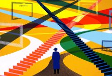 A student stands among staircases representing graduation options