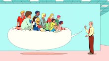 Illustration of person speaking to group of people who are sitting on a speech bubble