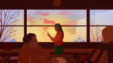 students in a classroom with a sunrise behind them