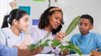 A photo of a teacher and her elementary students holding up leaves as they document them in a journal.