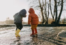 Children jumping in water puddles