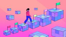 Illustration of a student climbing steps made of cubes representing small wins, representing guiding disengaged students to try again